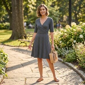 Toad&Co Womens Medium Cotton Tie Back Gray Dotted Wrap Front A-Line Dress